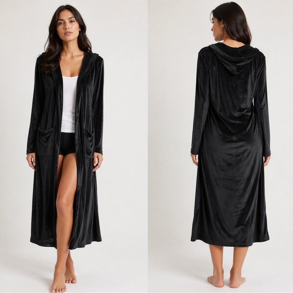 Bobi Revolve Soft Black Velour Velvet Long Duster Robe Cardigan Pockets S Small